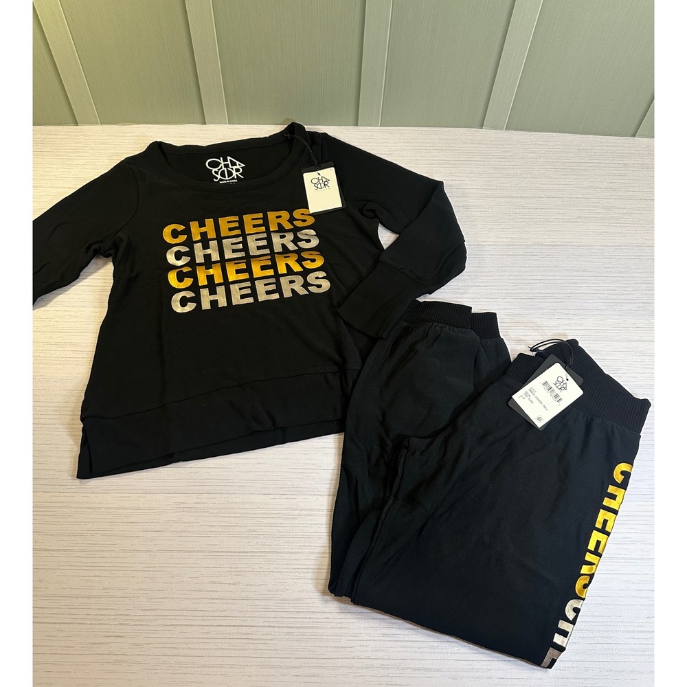 Chaser Womens Cheers Lounge Set Black Metallic Gold Silver Sweatshirt Joggers S